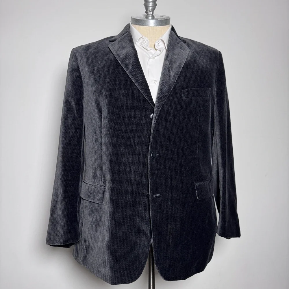 Johnston & Murphy Blazer Mens XXL Charcoal Gray Herringbone‎ Velvet Sport Coat